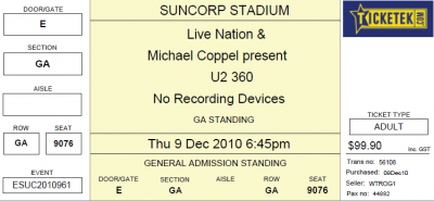 U2-ticket Brisbane 9 Dec 2010
